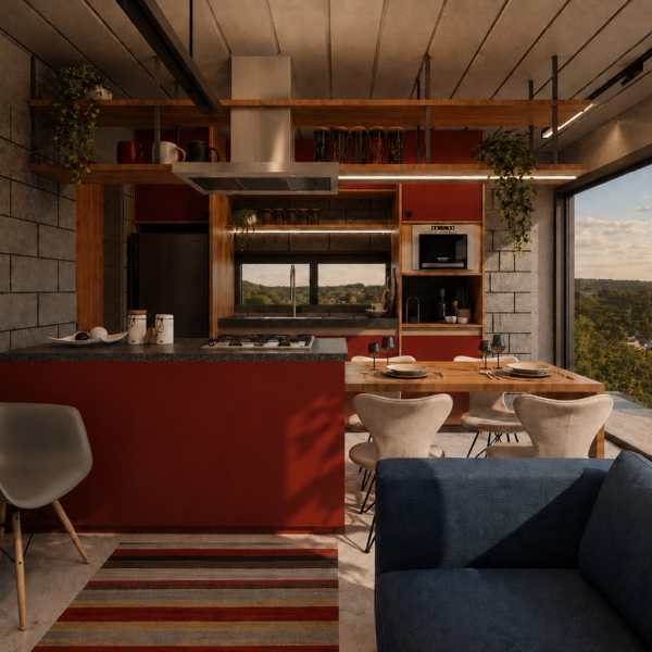 Sala de estar, jantar e cozinha integradas com vista para a paisagem.
