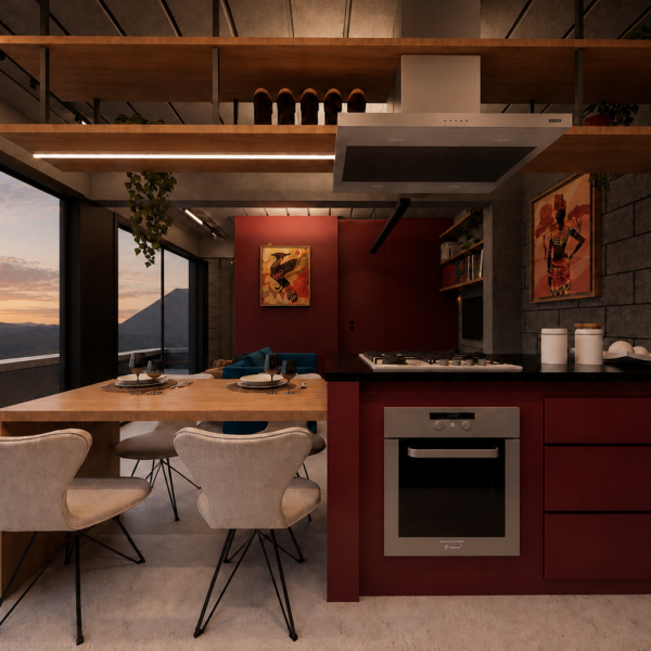 Sala de estar, jantar e cozinha integradas com vista para a paisagem.