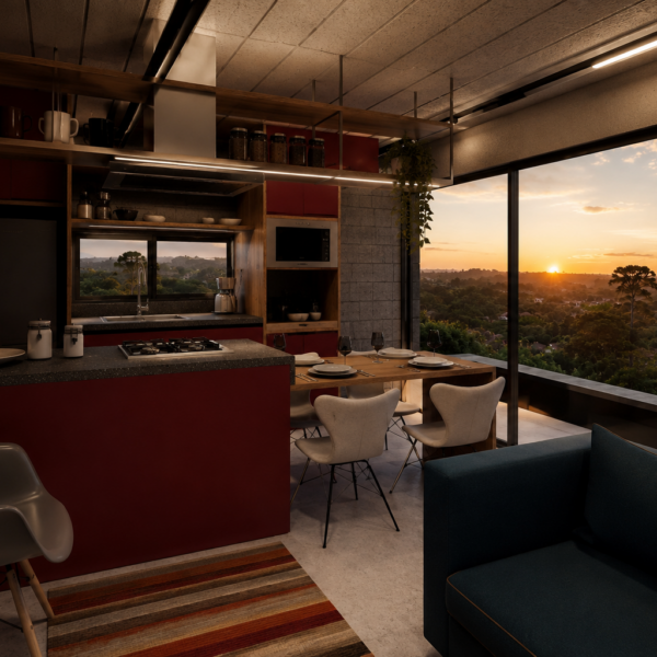 Sala de estar, jantar e cozinha integradas com vista para a paisagem.